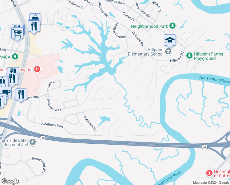map of restaurants, bars, coffee shops, grocery stores, and more near 141 Mallard Drive in Suffolk