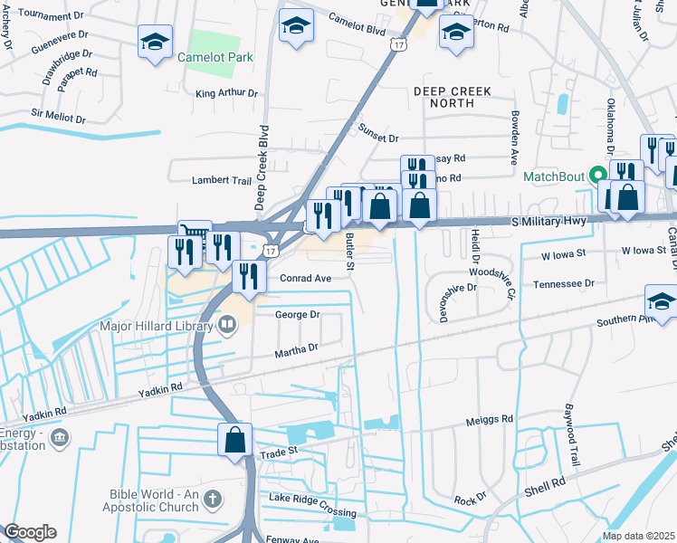 map of restaurants, bars, coffee shops, grocery stores, and more near 2700 Conrad Avenue in Chesapeake