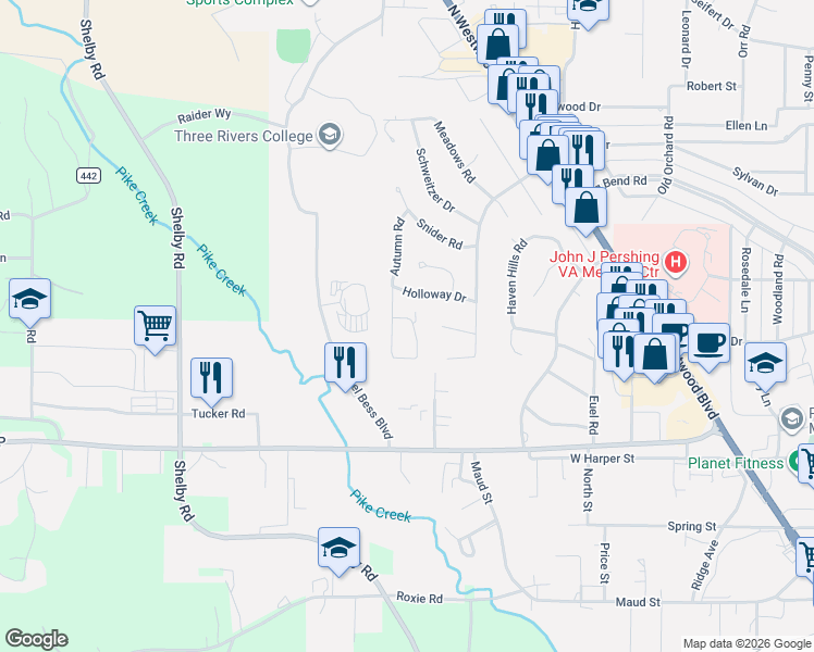map of restaurants, bars, coffee shops, grocery stores, and more near 2228 Autumn Road in Poplar Bluff