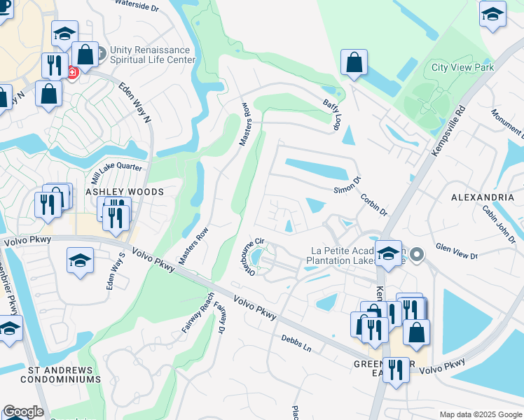 map of restaurants, bars, coffee shops, grocery stores, and more near 1413 Sandchip Terrace in Chesapeake