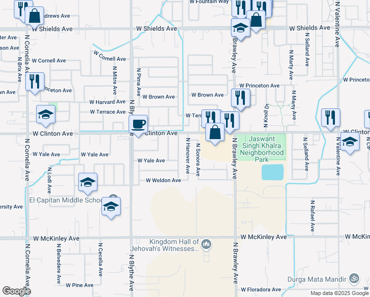 map of restaurants, bars, coffee shops, grocery stores, and more near 2351 North Hanover Avenue in Fresno