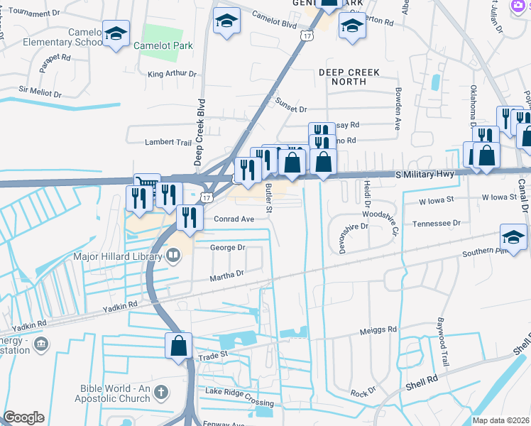 map of restaurants, bars, coffee shops, grocery stores, and more near 2700 Conrad Avenue in Chesapeake