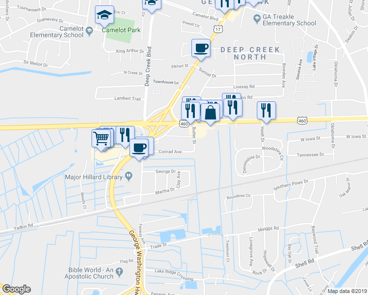 map of restaurants, bars, coffee shops, grocery stores, and more near 2706 Conrad Avenue in Chesapeake