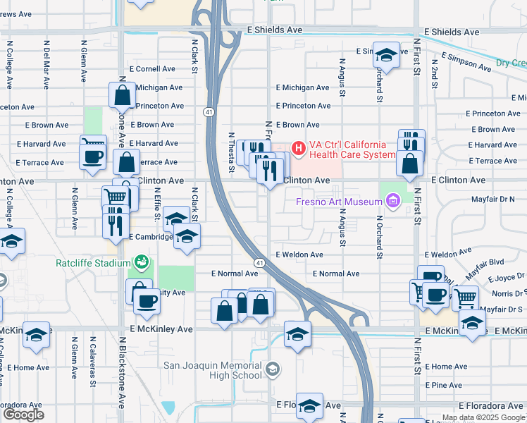 map of restaurants, bars, coffee shops, grocery stores, and more near 2366 East Yale Avenue in Fresno