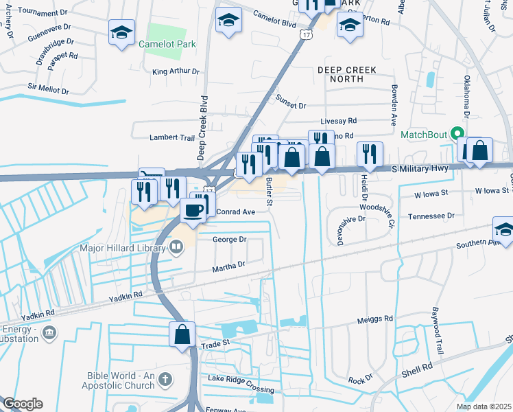 map of restaurants, bars, coffee shops, grocery stores, and more near 2706 Conrad Avenue in Chesapeake