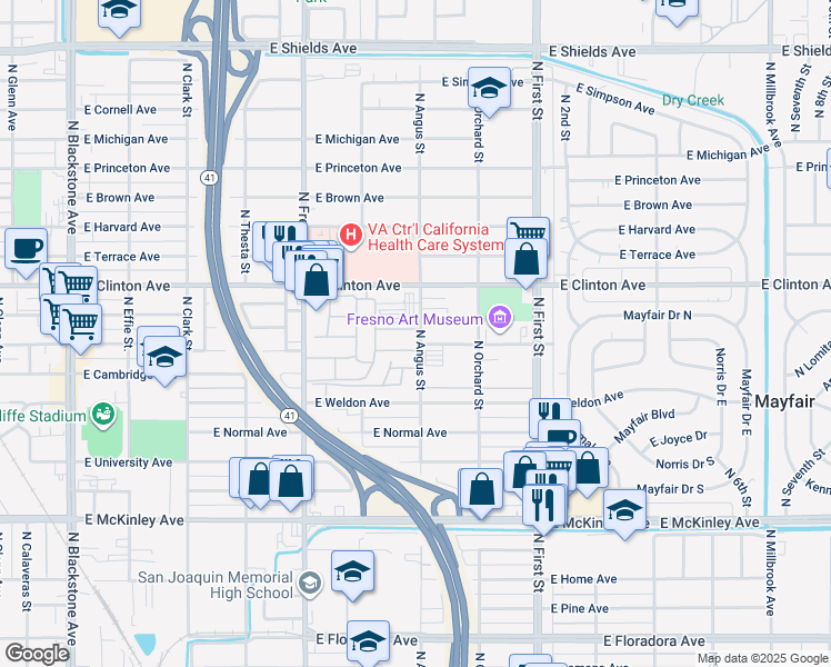 map of restaurants, bars, coffee shops, grocery stores, and more near 2295 North Angus Street in Fresno