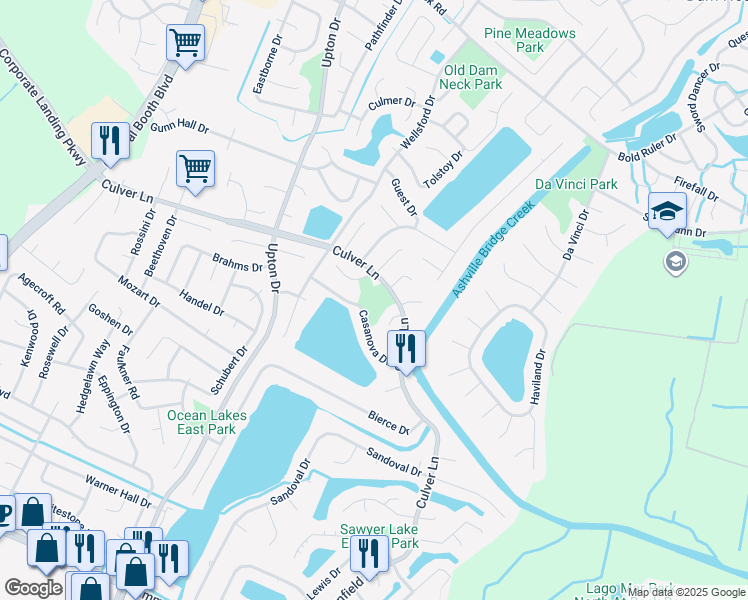 map of restaurants, bars, coffee shops, grocery stores, and more near 1048 Casanova Drive in Virginia Beach