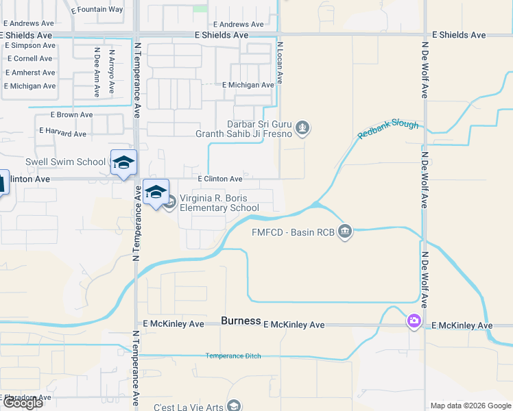 map of restaurants, bars, coffee shops, grocery stores, and more near 7412 East Vassar Avenue in Fresno