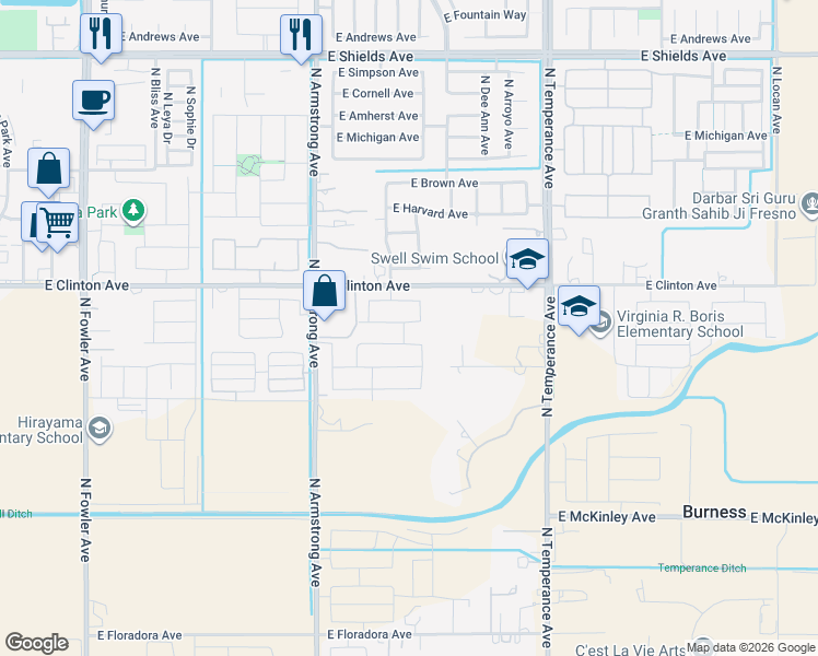 map of restaurants, bars, coffee shops, grocery stores, and more near 6737 E Clinton Ave in Fresno