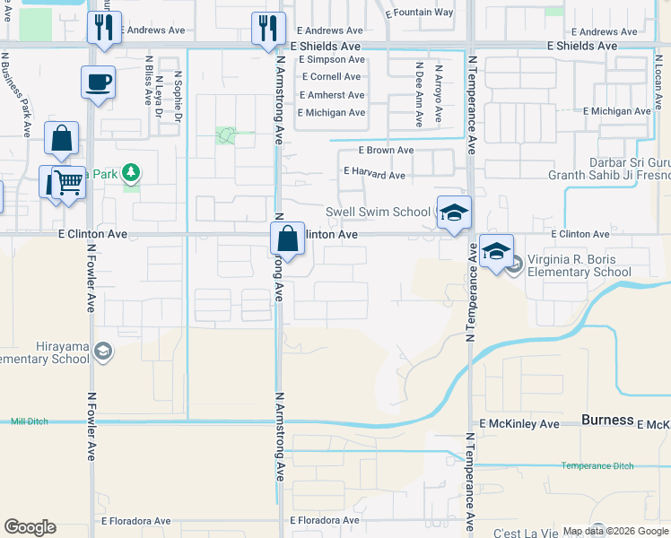 map of restaurants, bars, coffee shops, grocery stores, and more near 6737 E Clinton Ave in Fresno