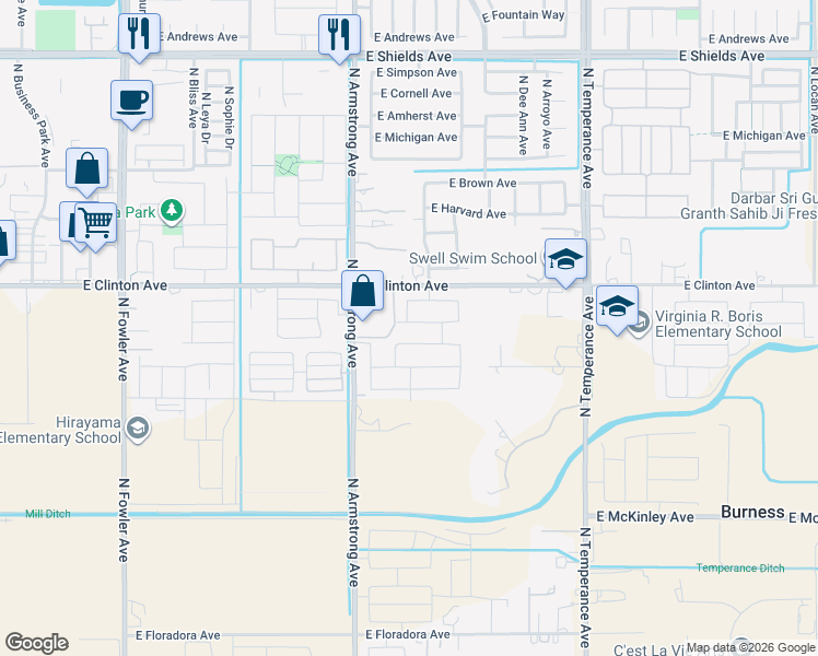 map of restaurants, bars, coffee shops, grocery stores, and more near 2408 North Armstrong Avenue in Fresno
