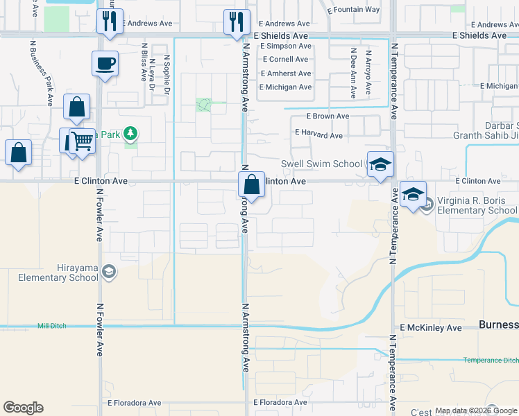 map of restaurants, bars, coffee shops, grocery stores, and more near 2204-2498 North Armstrong Avenue in Fresno
