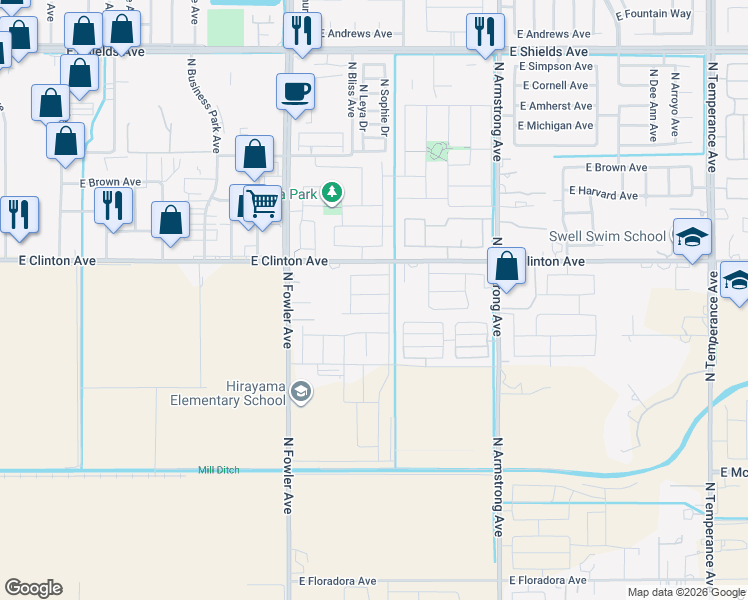 map of restaurants, bars, coffee shops, grocery stores, and more near 6207 East Clinton Avenue in Fresno
