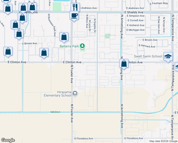 map of restaurants, bars, coffee shops, grocery stores, and more near 6207 East Clinton Avenue in Fresno