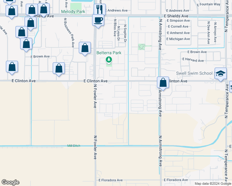 map of restaurants, bars, coffee shops, grocery stores, and more near 6207 East Clinton Avenue in Fresno