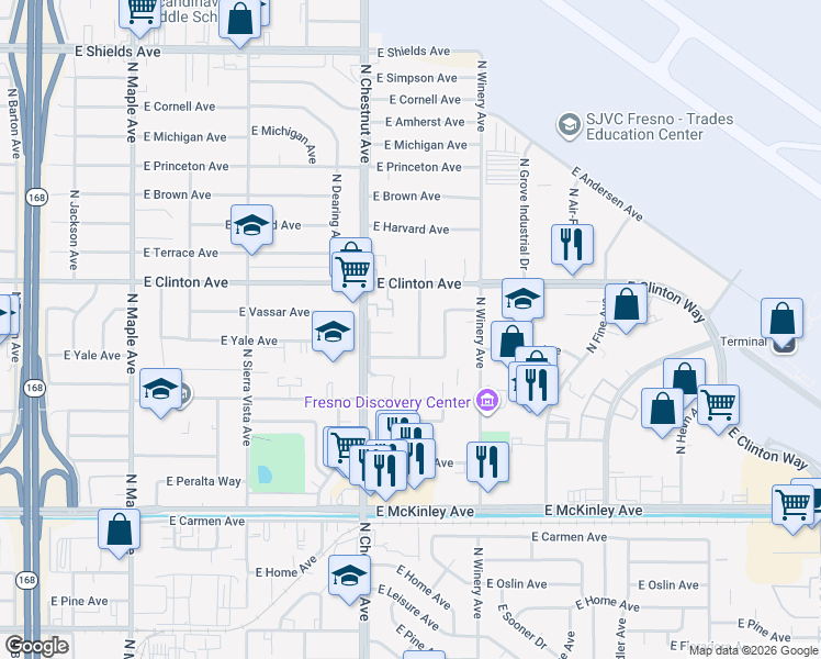map of restaurants, bars, coffee shops, grocery stores, and more near 2225 North Garden Avenue in Fresno