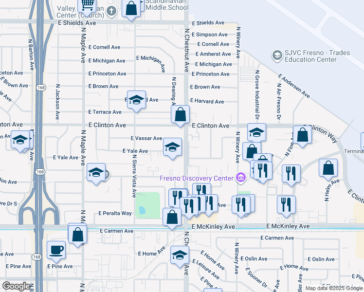 map of restaurants, bars, coffee shops, grocery stores, and more near 4807 East Yale Avenue in Fresno