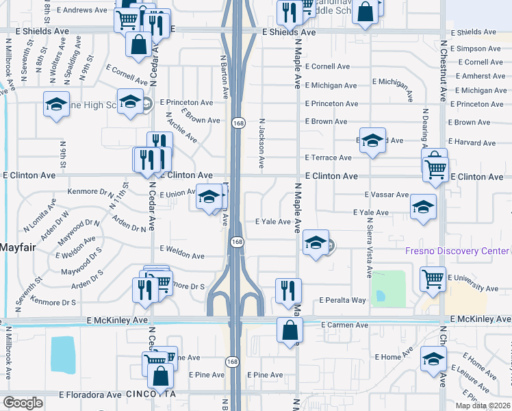 map of restaurants, bars, coffee shops, grocery stores, and more near 2225 North Jackson Avenue in Fresno
