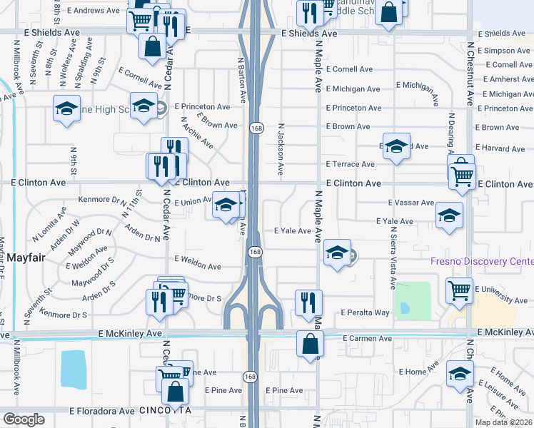 map of restaurants, bars, coffee shops, grocery stores, and more near 2225 North Jackson Avenue in Fresno