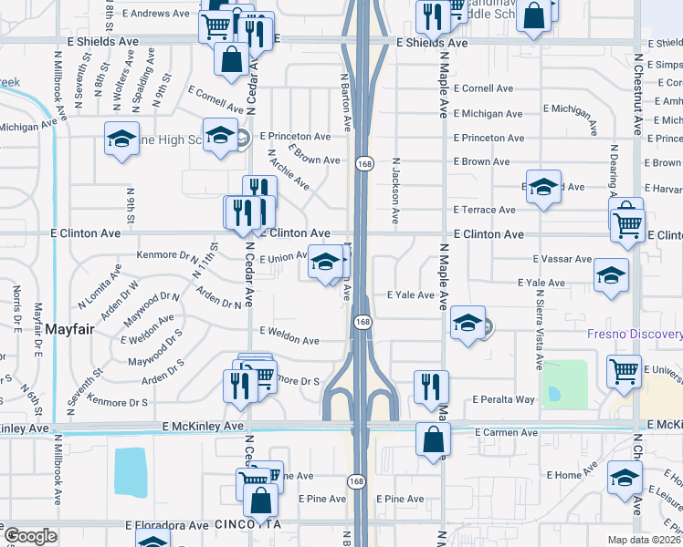 map of restaurants, bars, coffee shops, grocery stores, and more near 2223 North Barton Avenue in Fresno
