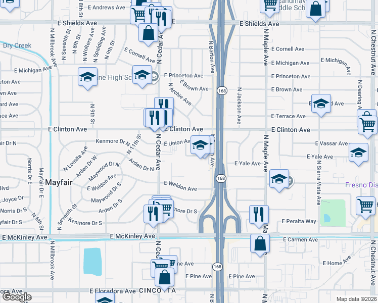 map of restaurants, bars, coffee shops, grocery stores, and more near 2225 North Rowell Avenue in Fresno