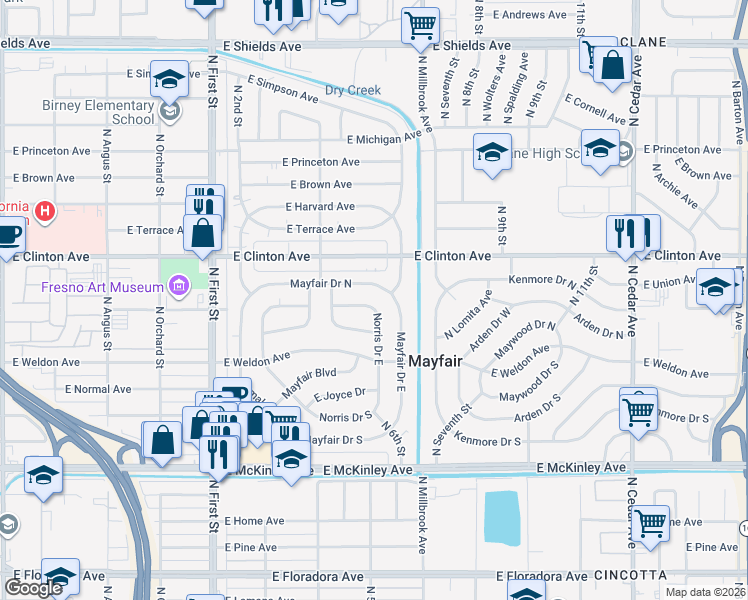 map of restaurants, bars, coffee shops, grocery stores, and more near 3494 Mayfair Drive North in Fresno