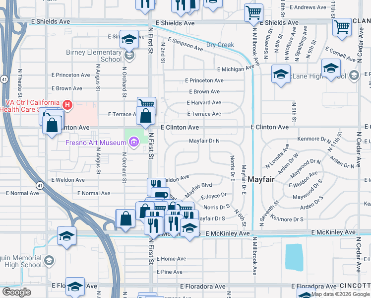 map of restaurants, bars, coffee shops, grocery stores, and more near 3344 Mayfair Drive North in Fresno