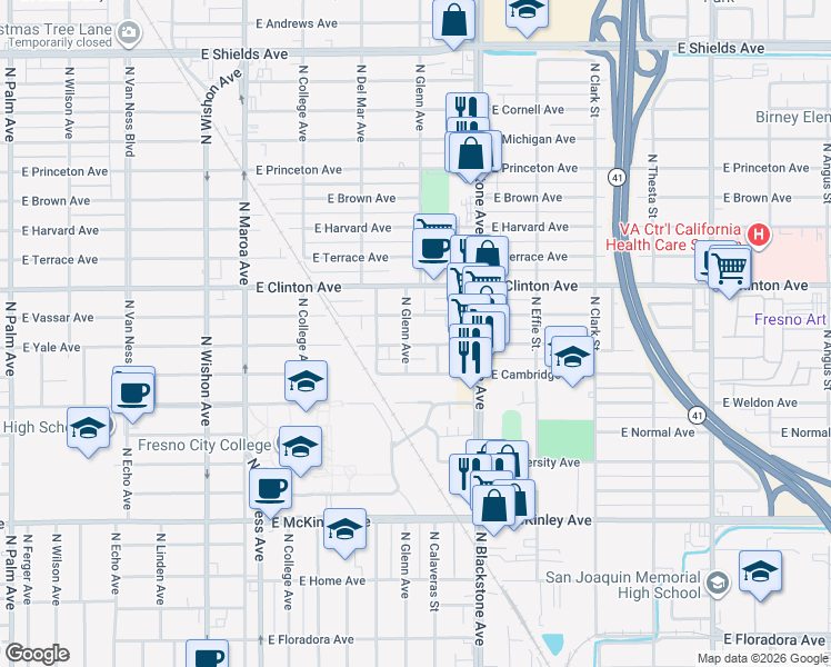 map of restaurants, bars, coffee shops, grocery stores, and more near 2228 North Glenn Avenue in Fresno