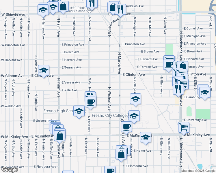 map of restaurants, bars, coffee shops, grocery stores, and more near 716 East Vassar Avenue in Fresno