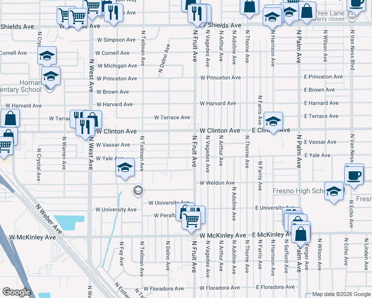 map of restaurants, bars, coffee shops, grocery stores, and more near 535 West Vassar Avenue in Fresno