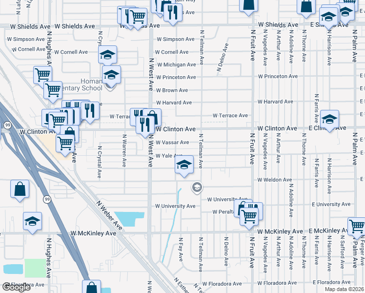 map of restaurants, bars, coffee shops, grocery stores, and more near 1103 West Vassar Avenue in Fresno