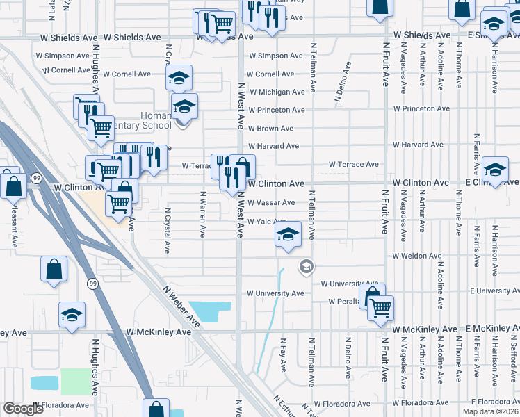 map of restaurants, bars, coffee shops, grocery stores, and more near 1223 West Vassar Avenue in Fresno