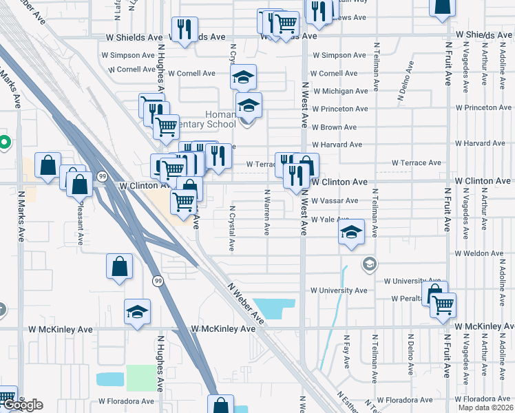 map of restaurants, bars, coffee shops, grocery stores, and more near 1507 West Vassar Avenue in Fresno