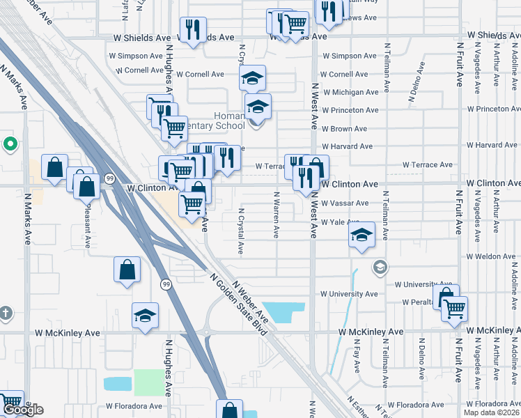 map of restaurants, bars, coffee shops, grocery stores, and more near 1627 West Vassar Avenue in Fresno