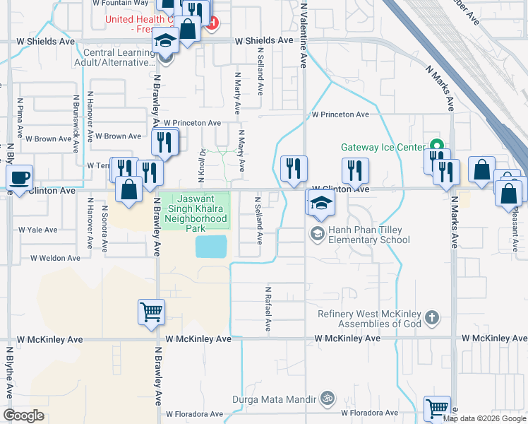 map of restaurants, bars, coffee shops, grocery stores, and more near 3513 West Clinton Avenue in Fresno
