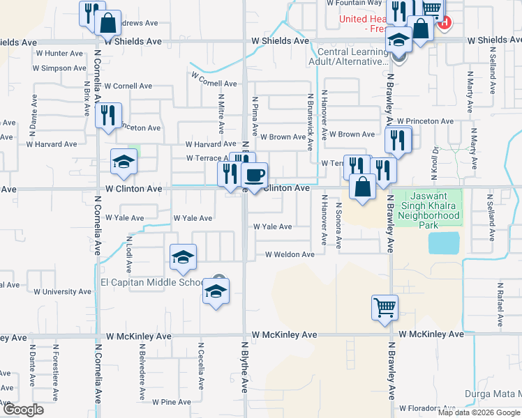 map of restaurants, bars, coffee shops, grocery stores, and more near 4396 West Vassar Avenue in Fresno