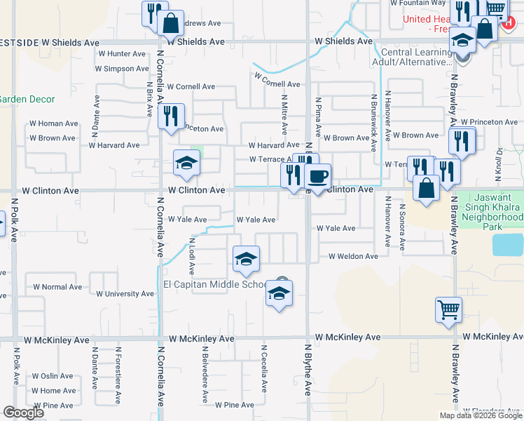 map of restaurants, bars, coffee shops, grocery stores, and more near 2351 North Katy Avenue in Fresno