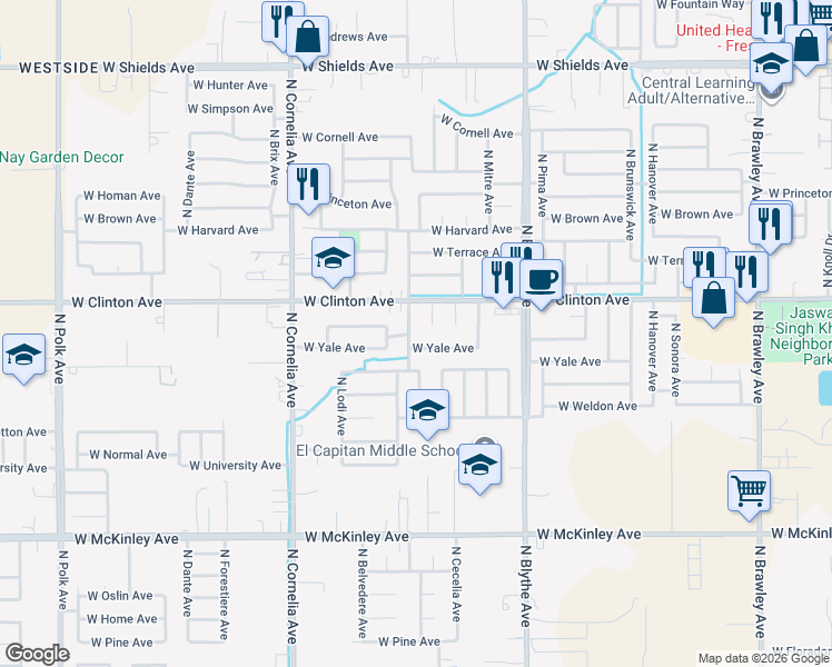 map of restaurants, bars, coffee shops, grocery stores, and more near 2362 North Milburn Avenue in Fresno