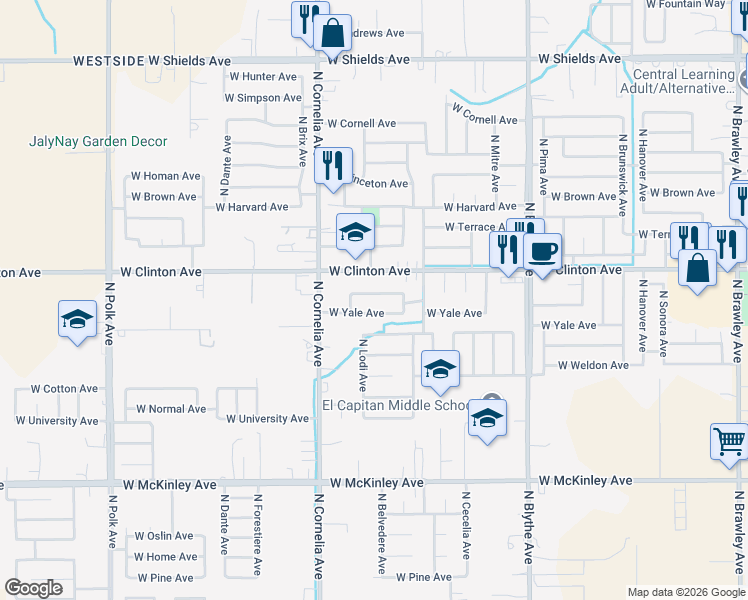 map of restaurants, bars, coffee shops, grocery stores, and more near 4733 West Vassar Avenue in Fresno