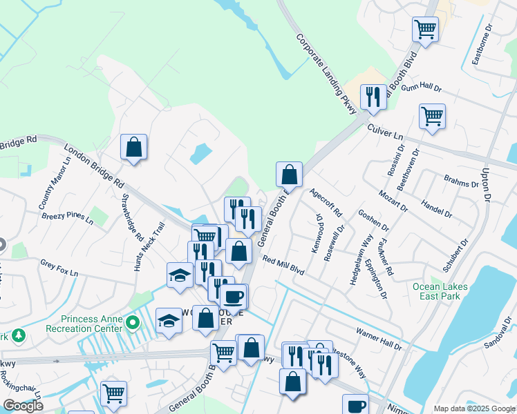 map of restaurants, bars, coffee shops, grocery stores, and more near 2033 General Booth Boulevard in Virginia Beach