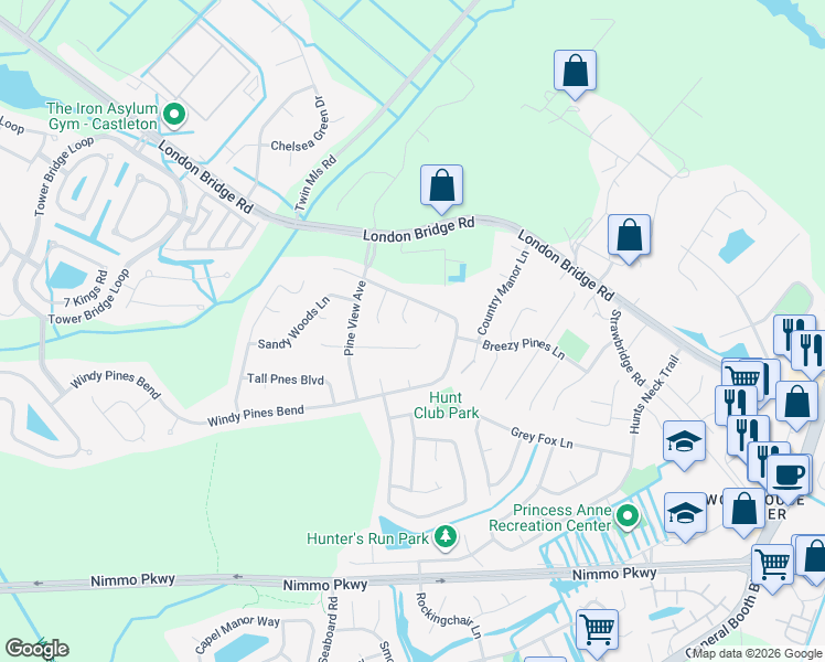 map of restaurants, bars, coffee shops, grocery stores, and more near 1912 Shady Lane in Virginia Beach