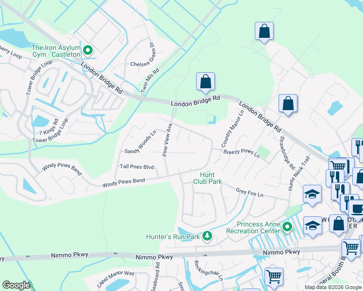map of restaurants, bars, coffee shops, grocery stores, and more near 1921 Windy Pines Court in Virginia Beach