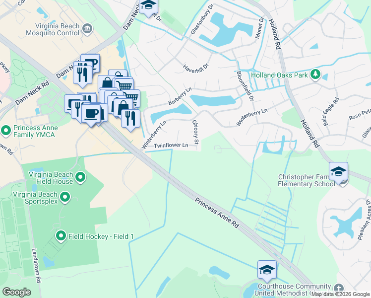 map of restaurants, bars, coffee shops, grocery stores, and more near 3221 Twinflower Lane in Virginia Beach