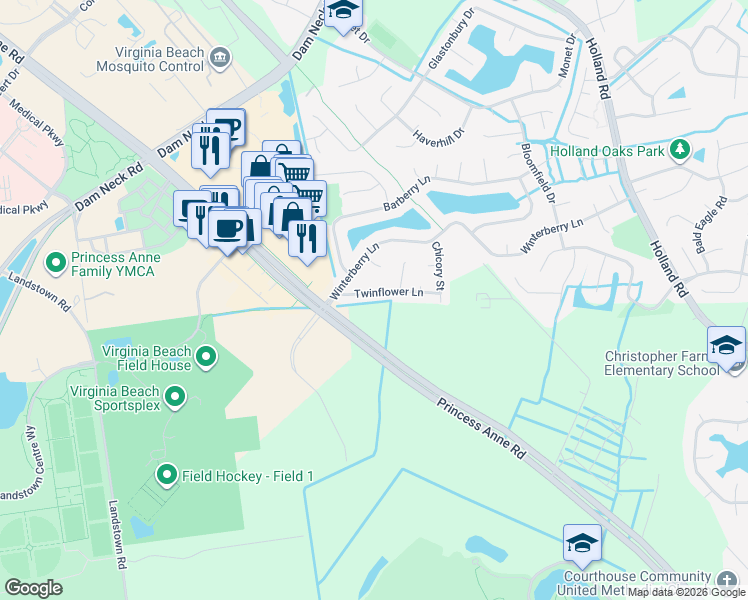 map of restaurants, bars, coffee shops, grocery stores, and more near 3257 Twinflower Lane in Virginia Beach