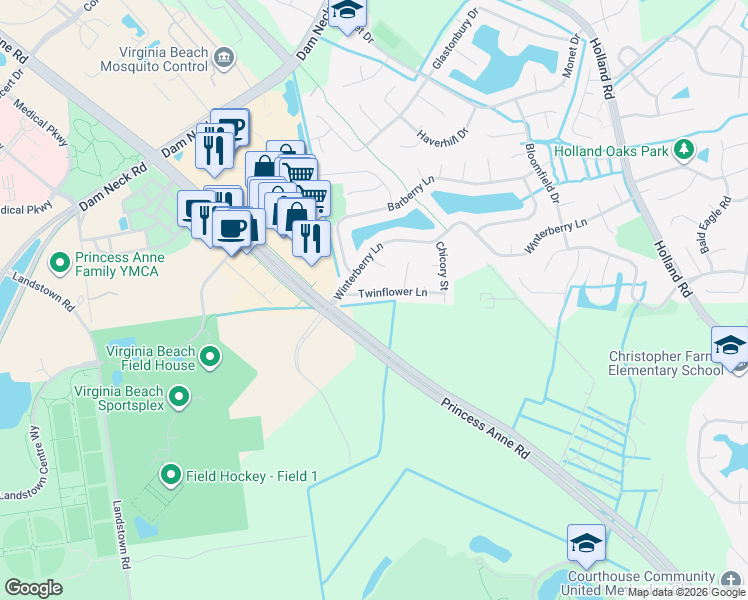 map of restaurants, bars, coffee shops, grocery stores, and more near 3257 Twinflower Lane in Virginia Beach