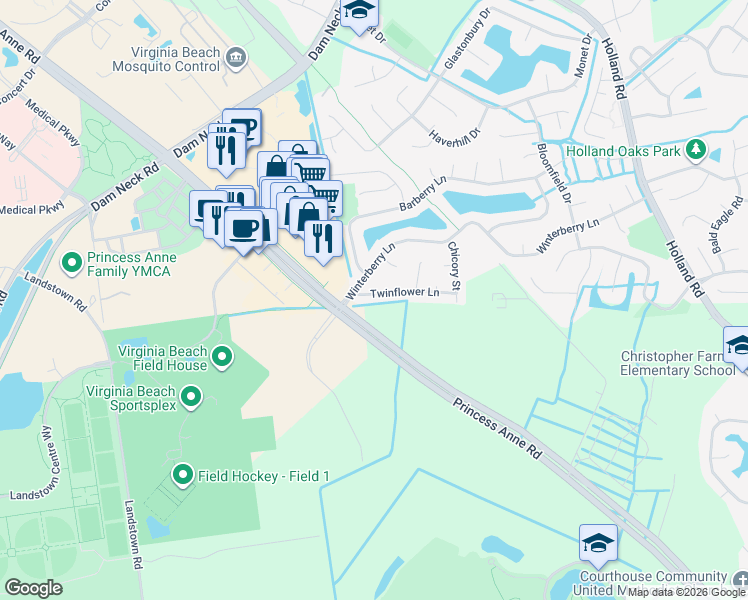 map of restaurants, bars, coffee shops, grocery stores, and more near 3293 Twinflower Lane in Virginia Beach