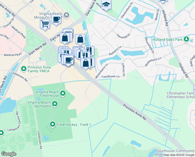 map of restaurants, bars, coffee shops, grocery stores, and more near 3293 Twinflower Lane in Virginia Beach