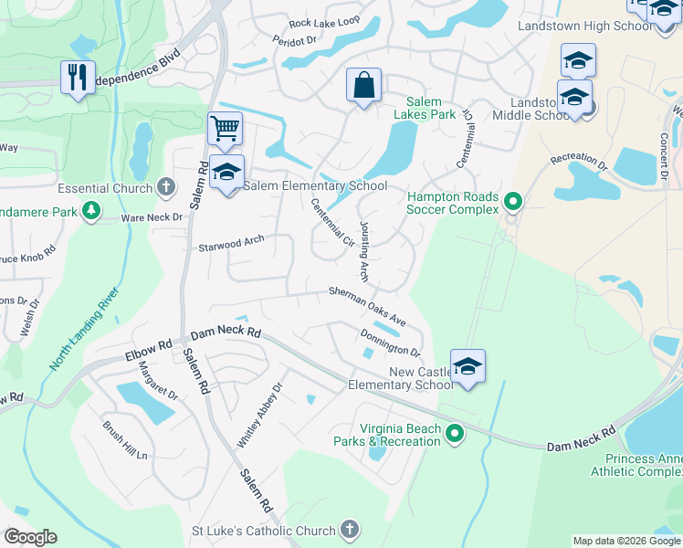 map of restaurants, bars, coffee shops, grocery stores, and more near 2007 Kashiwa Court in Virginia Beach