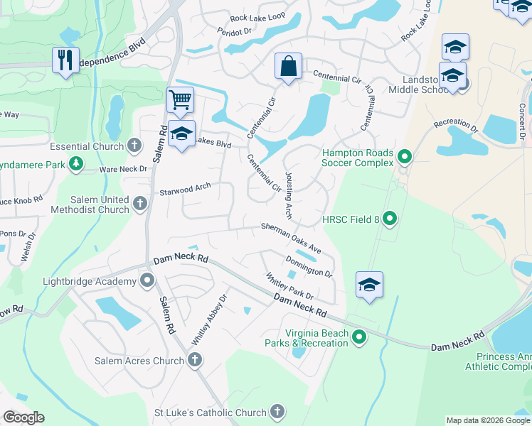 map of restaurants, bars, coffee shops, grocery stores, and more near 2007 Kashiwa Court in Virginia Beach