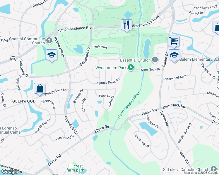 map of restaurants, bars, coffee shops, grocery stores, and more near 4181 Spruce Knob Road in Virginia Beach